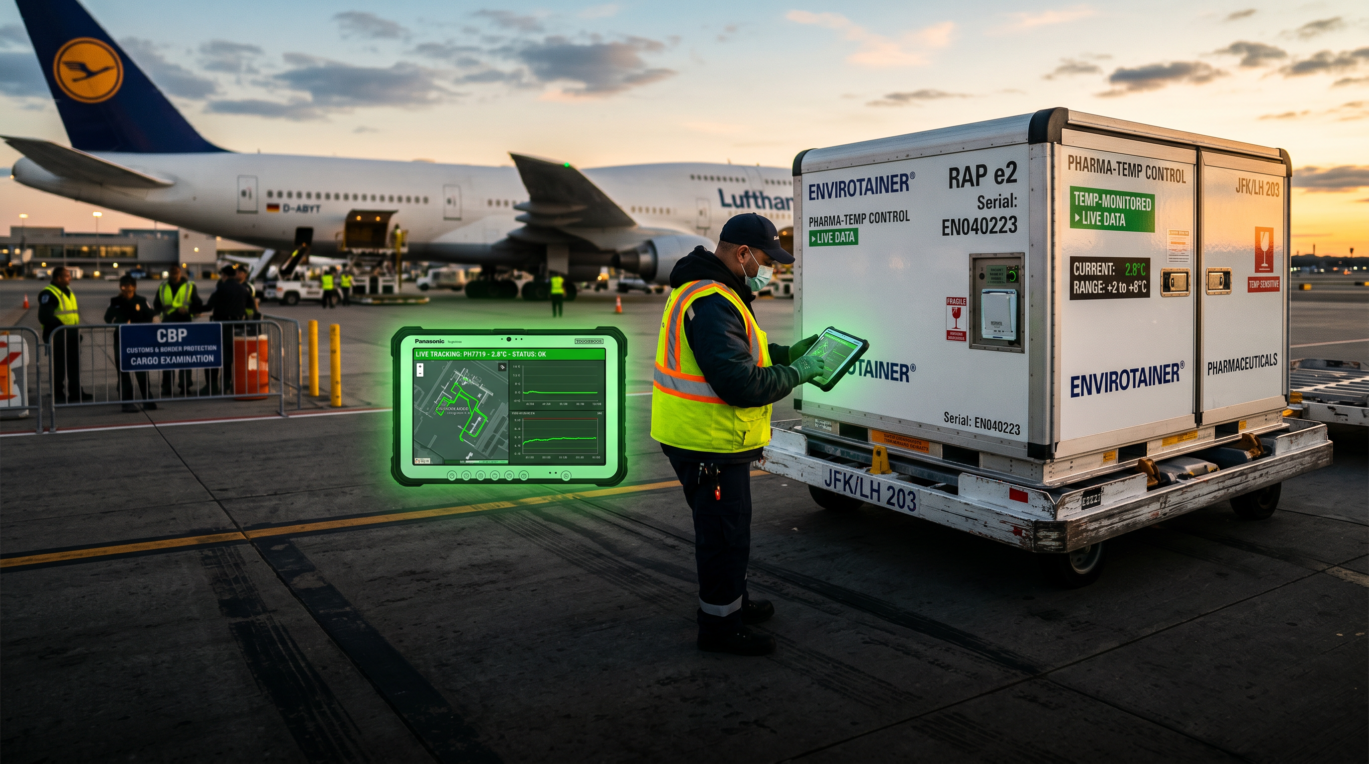 A temperature-controlled air-cargo pharma container on a sunlit airport apron