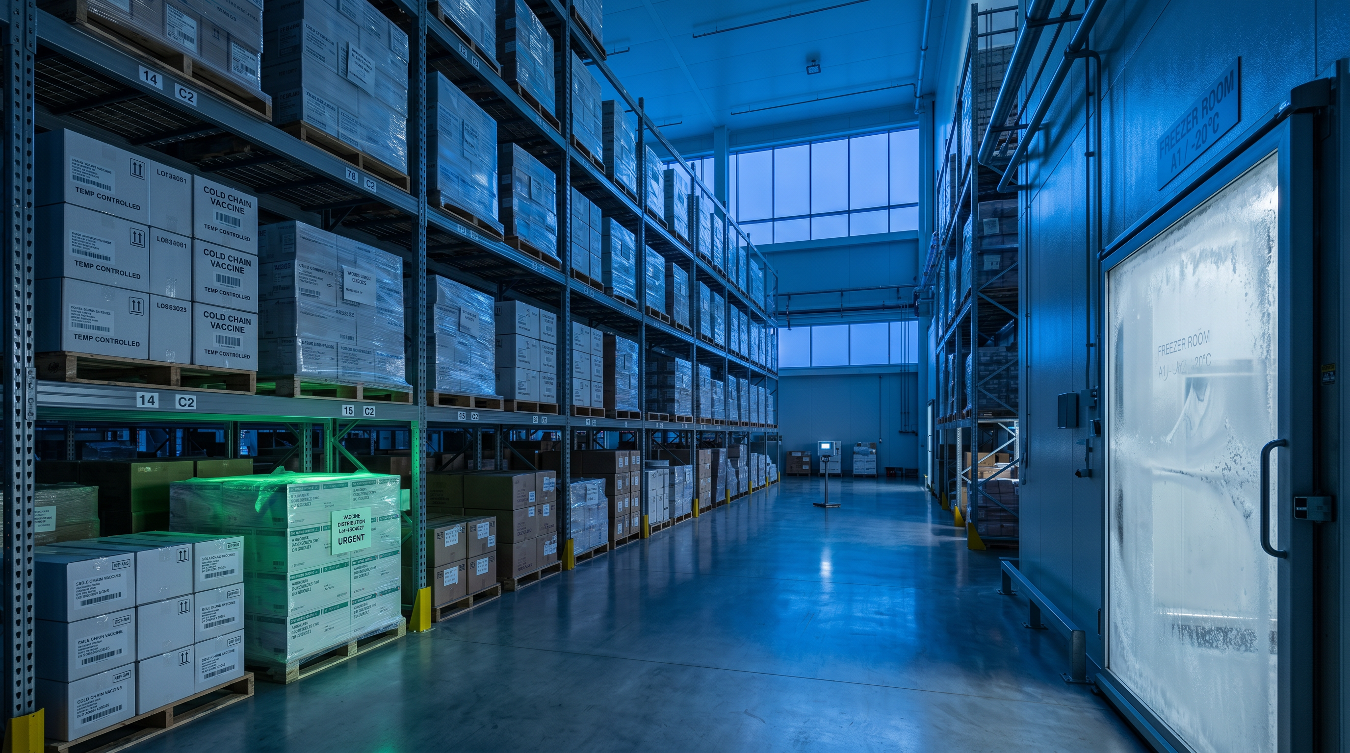 A validated pharmaceutical cold box with a signal-green status light in a dark cold-storage room