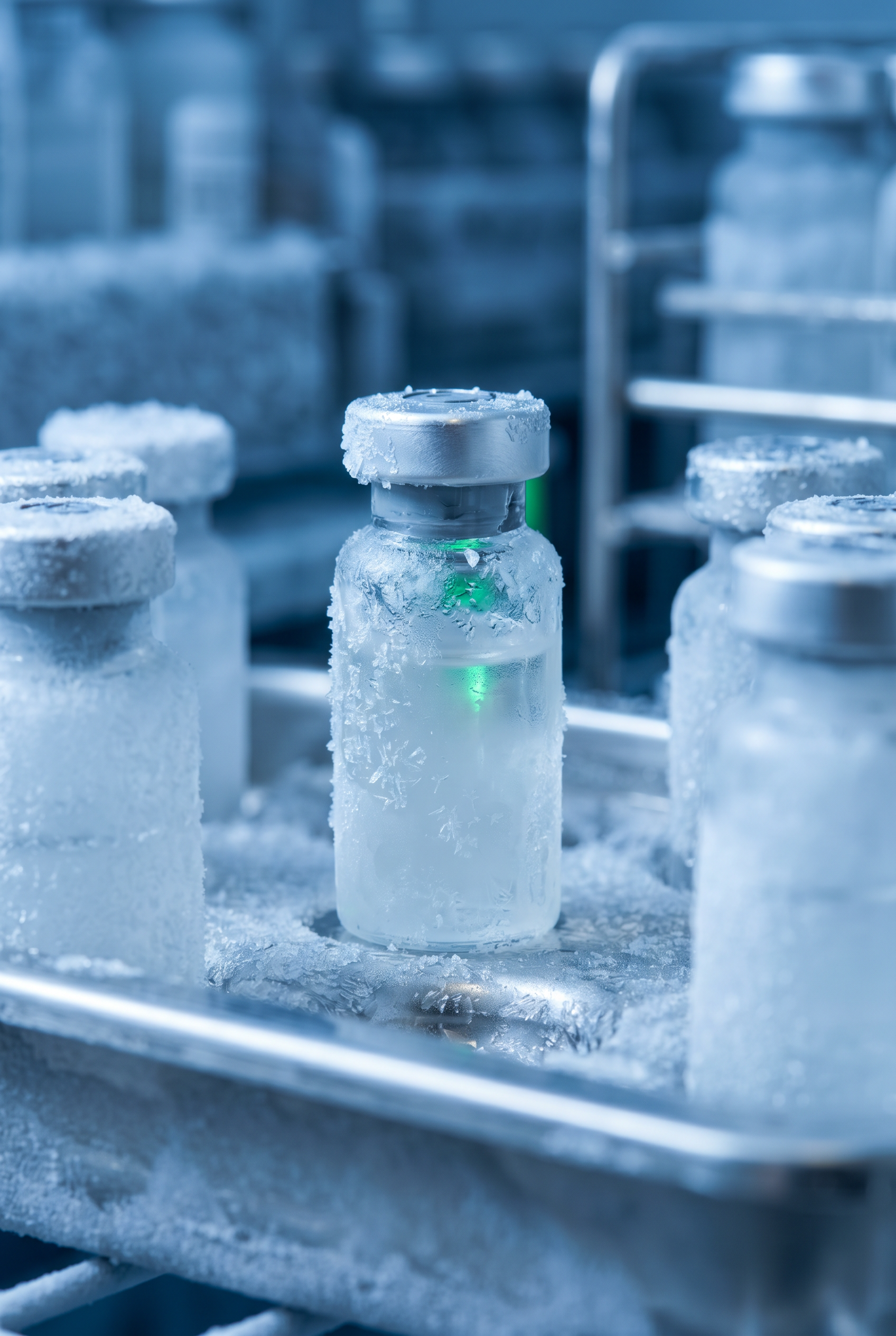 Frosted glass vaccine vials in a steel tray inside a laboratory freezer