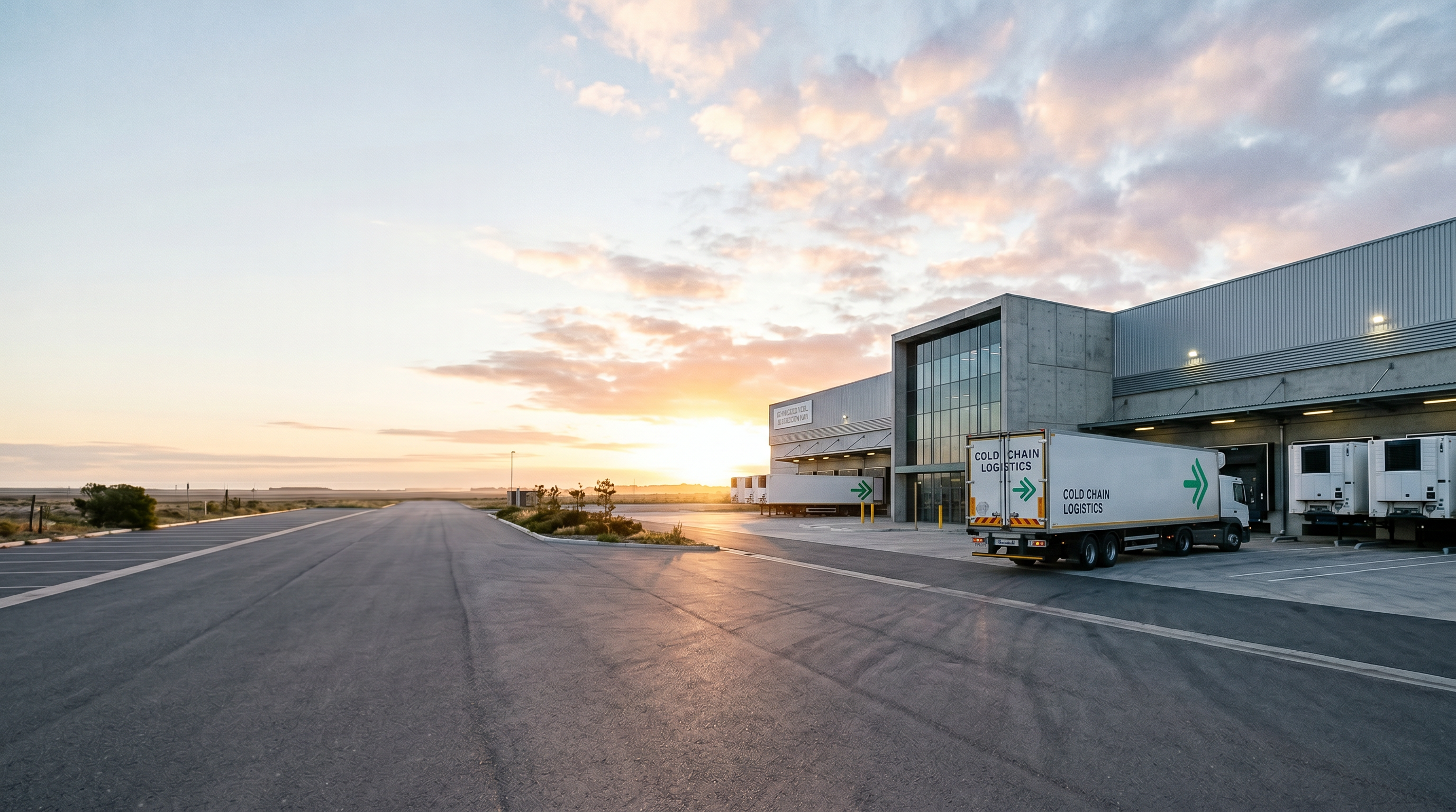 Sunrise over a pharmaceutical distribution hub with a temperature-controlled truck pulling away