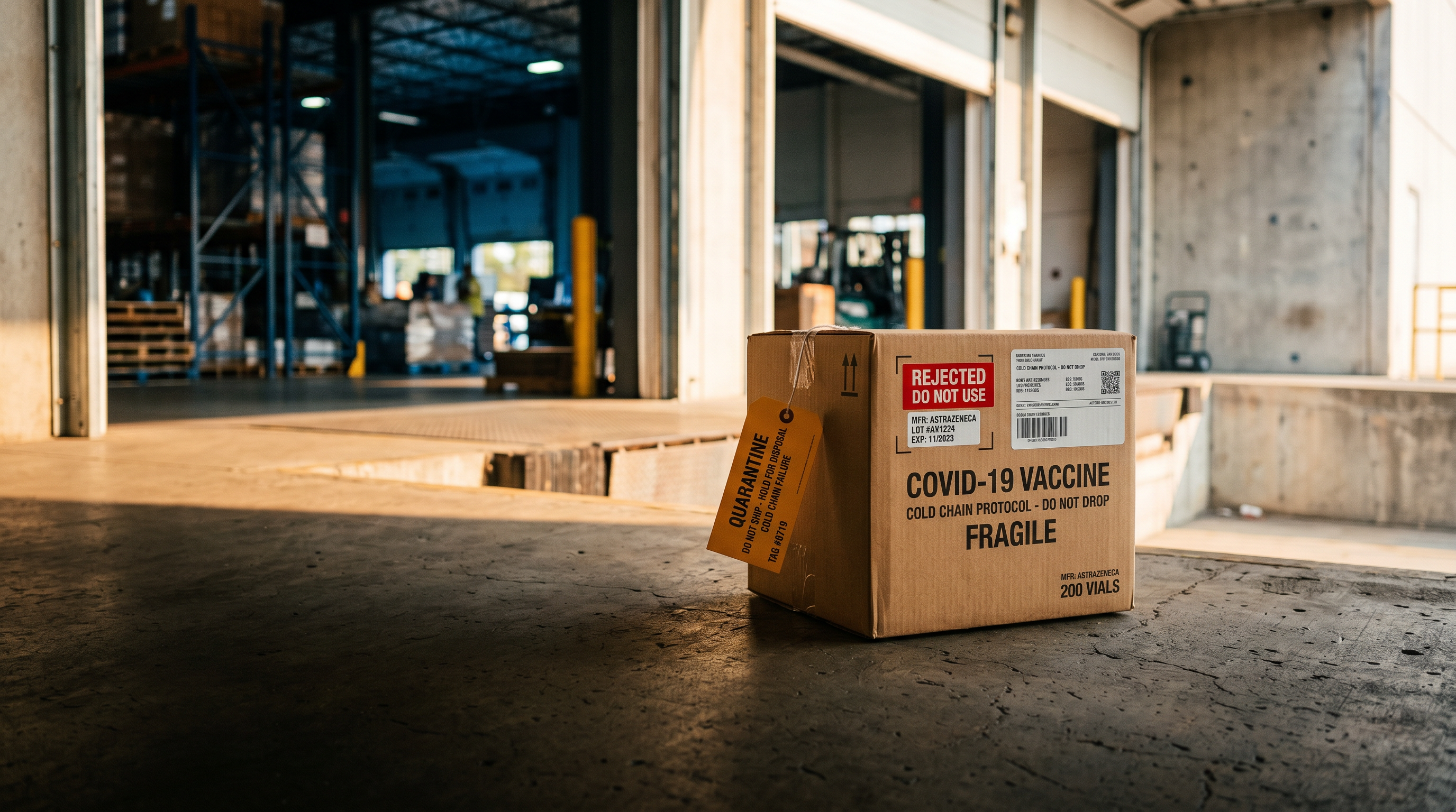 A rejected vaccine carton on a loading dock