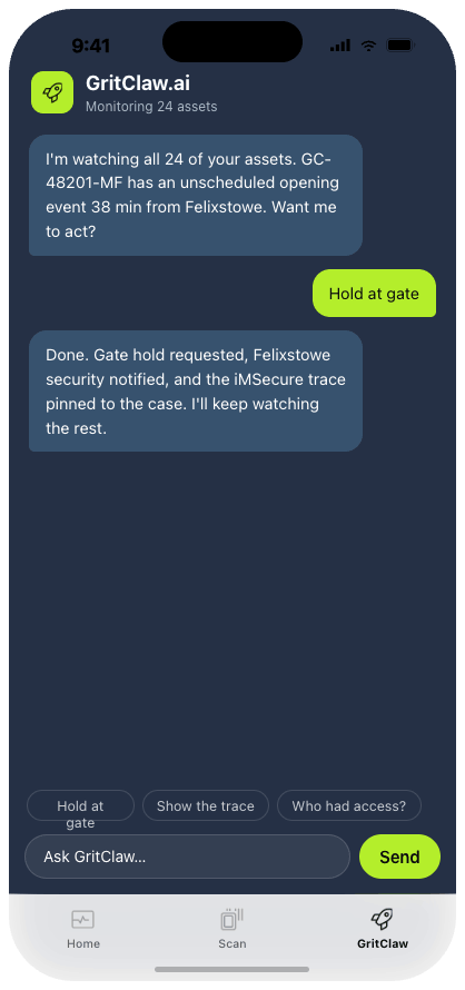 GritClaw agent chat flagging an unscheduled opening event